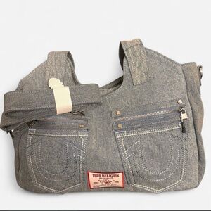 True Religion Gray Denim Tote Bag